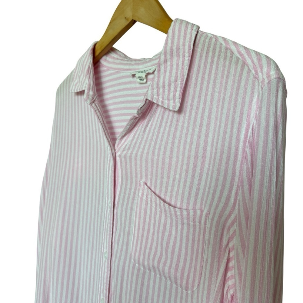 Beachlunchlounge Women's L Pink Striped Button-Up Shirt Long Sleeve Rayon Beach - Picture 6 of 10
